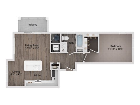 Floor plan for 1 bed, 1 bath, 689 sqft